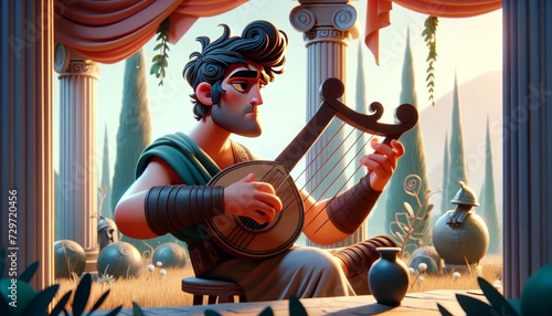 A whimsical, animated-style 2D illustration of Achilles playing the lyre in a serene scene. photo