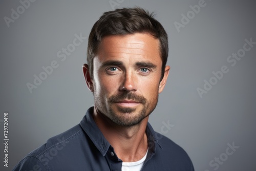 Handsome middle-aged man in a blue shirt on a gray background.