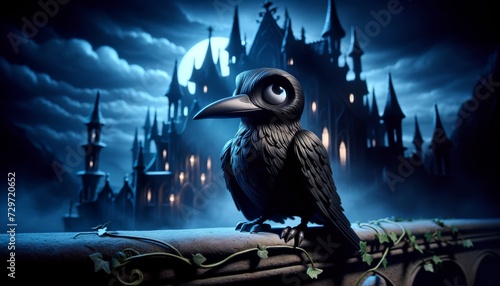 A whimsical animated charcoal-black raven with eyes that gleam in the twilight of a gothic castle.