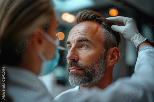A doctor in blue gloves examines a man's head before a hair transplant procedure, showing an area with thinning hair. photo