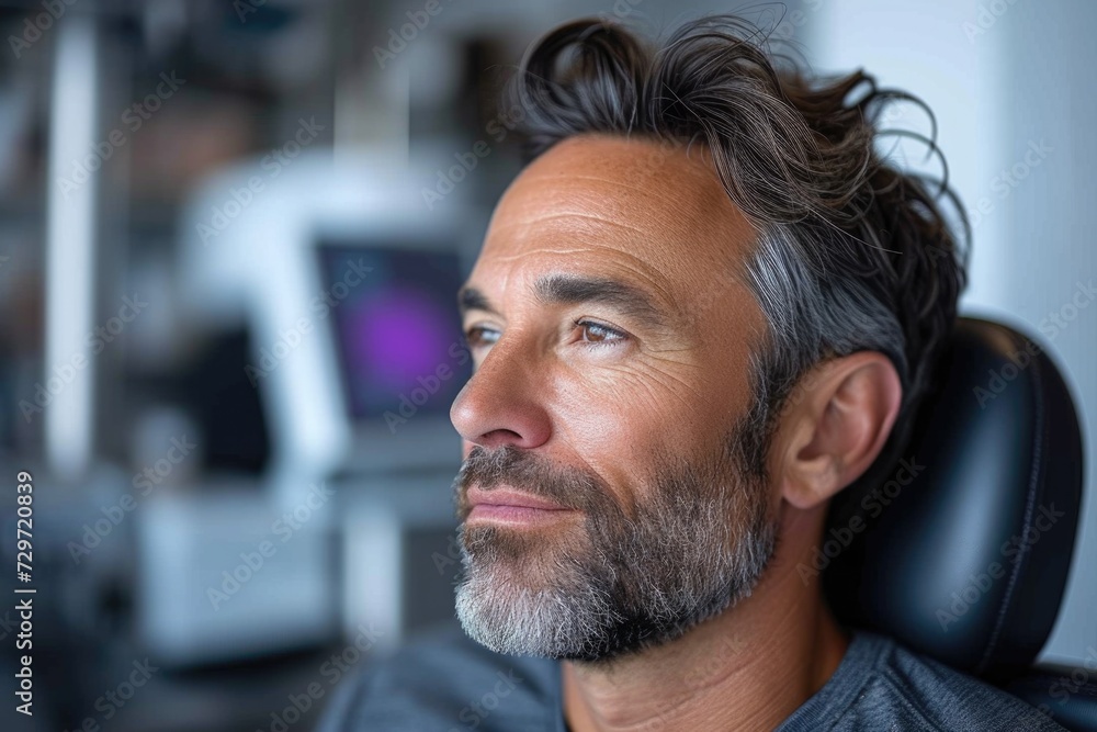 A man with a greying beard looks to the side while situated in a modern office with high-tech equipment. A man with a greying beard looks to the side while situated in a modern office with high-tech equipment.