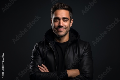 Portrait of a handsome young man in a black leather jacket on a dark background.