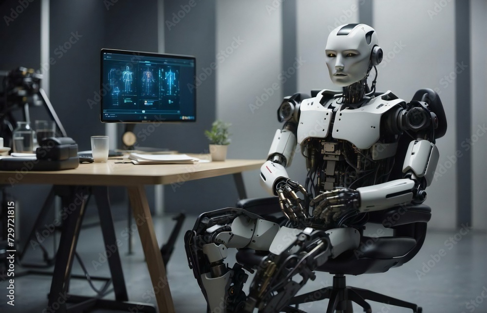 ai robot at work, at a table with a computer. Generative AI ai robot at work, at a table with a computer. Generative AI
