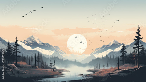 Minimalist illustration of a mountainous landscape with low sun