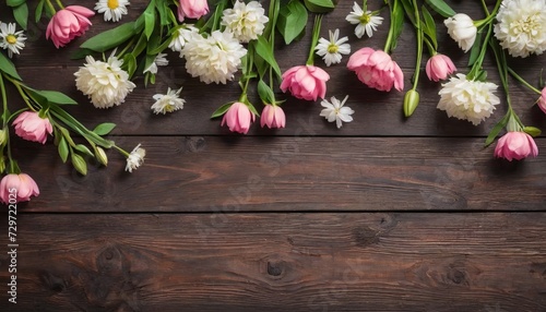 Spring flower arrangement. Tulips, daisies on a wooden background. Concept for Women's Day, Spring Holidays, cards, posters, invitation design. copy space © Pink Zebra