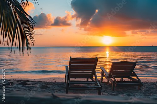 two lounge chairs on a beach at sunset in