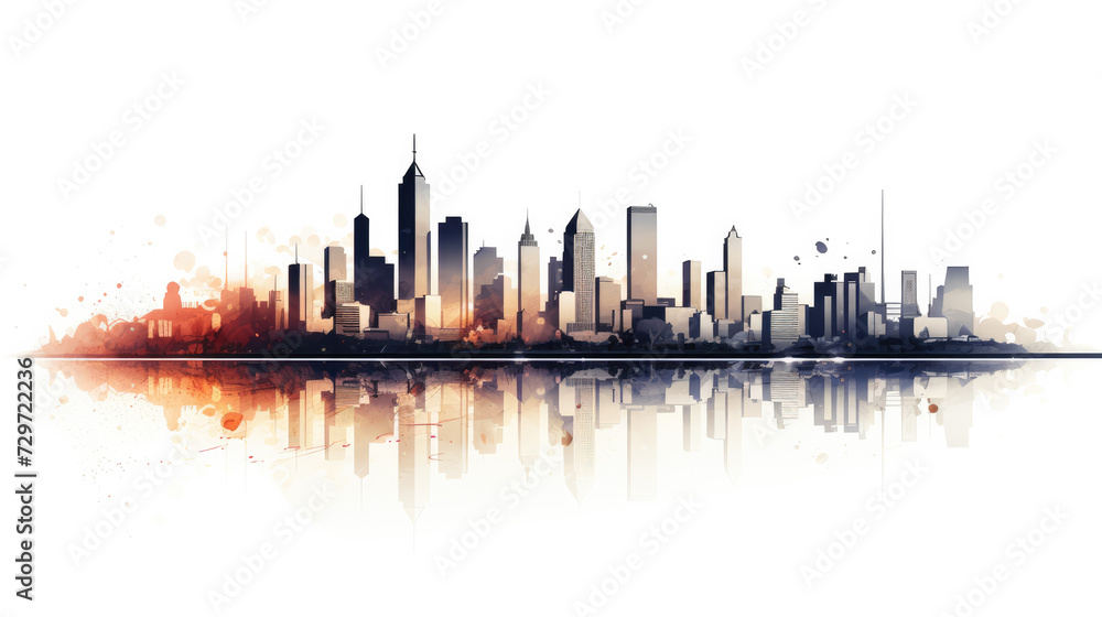Illustration of a big city with lots of clouds scratching on a white background
