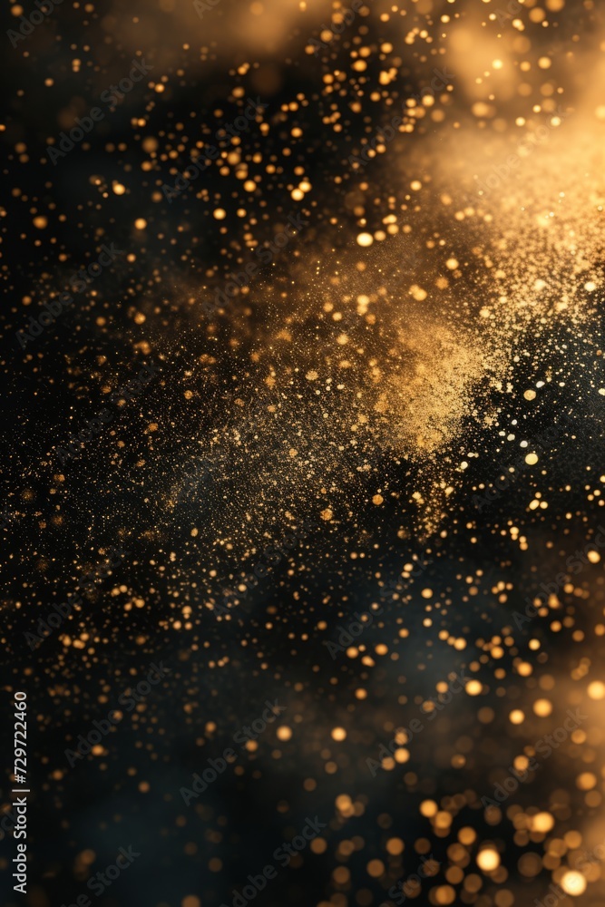 Golden dust and sparks against a dark background.