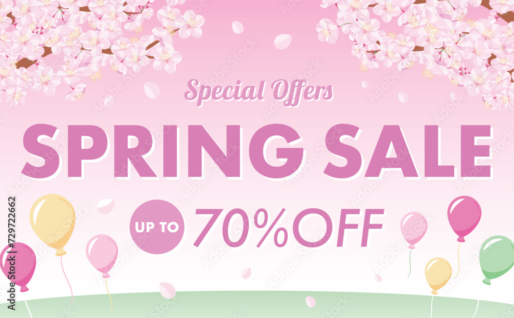 桜と風船・草原が描かれた余白・コピースペースのあるポップな春のピンク背景セールフレーム素材