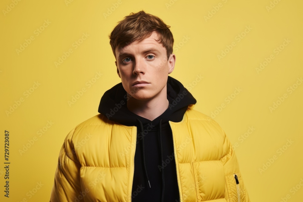 Portrait of a young man in a yellow jacket on a yellow background Portrait of a young man in a yellow jacket on a yellow background