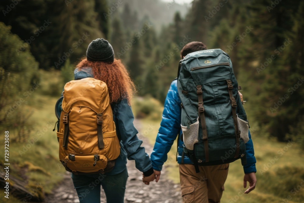 Couple walking hand in hand on a forest trail.