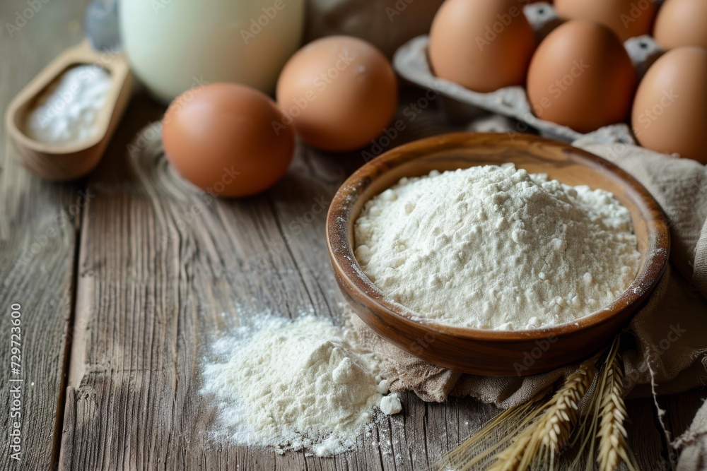 Eggs and flour on a wooden board. Eggs and flour on a wooden board.