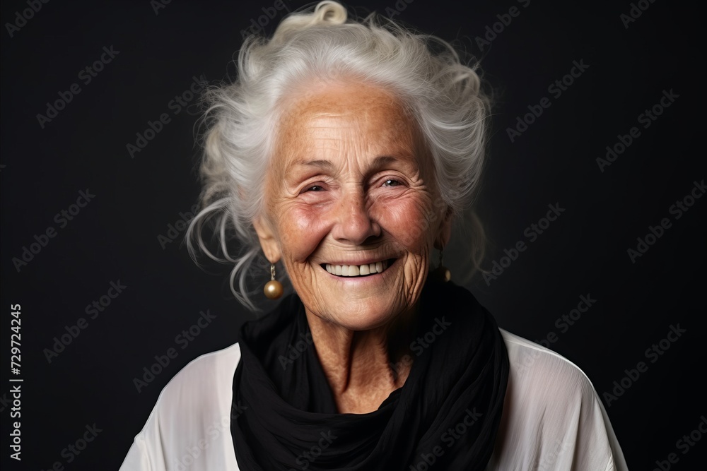 Portrait of a happy senior woman smiling at the camera on a dark background Portrait of a happy senior woman smiling at the camera on a dark background