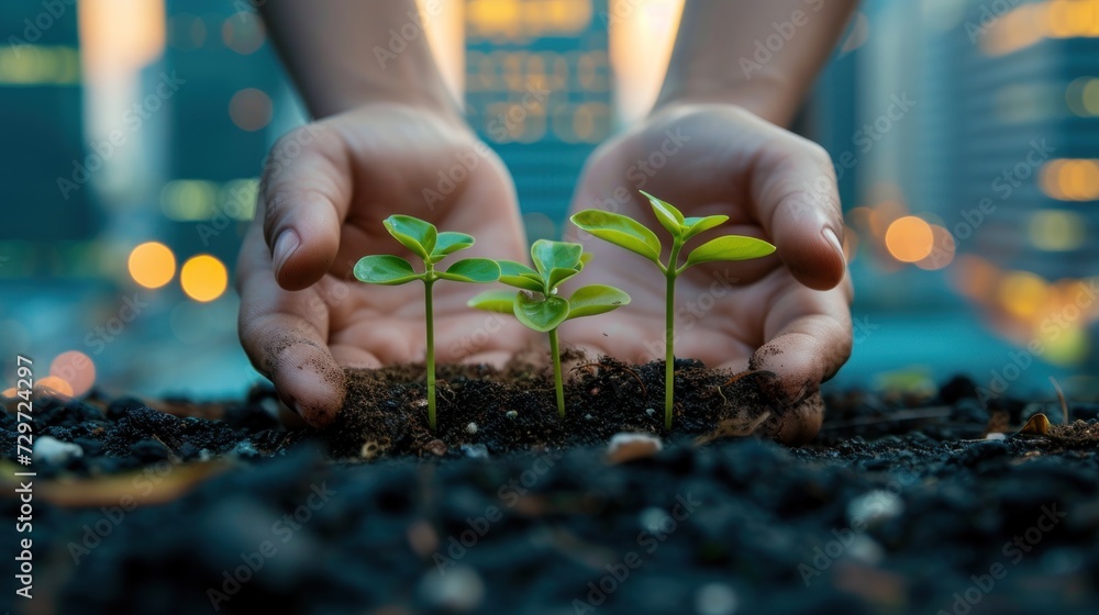 Hands holding small saplings growing, with a city and industries in the background. Generative AI. Hands holding small saplings growing, with a city and industries in the background. Generative AI.