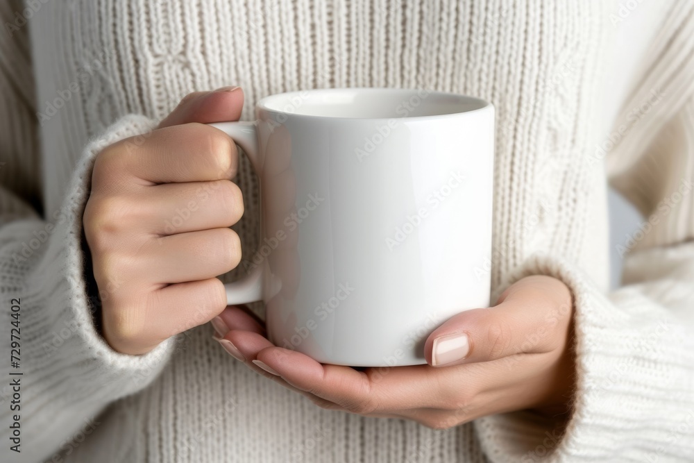Hands in sweater holding mug. Hands in sweater holding mug.