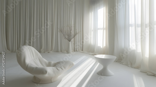 white armchair in the white room with window and curtains. 3d rendering,Sunlit Elegance: A Cozy Corner with a Modern White Chair and Flowing Curtains