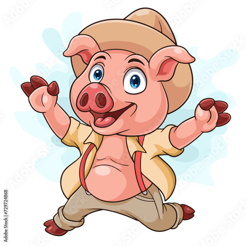 Cartoon pig wearing farmer clothes