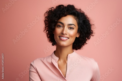 Portrait of a beautiful young woman with curly hair on a pink background