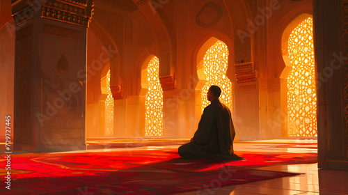 A Muslim man is praying inside the mosque, exhibiting a traditional religious practice.