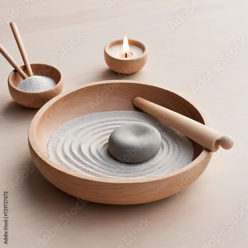 Minimalistic Zen Garden - Professional Close-Up Interior Setting with Subtle Lighting and Monochrome Accents Gen AI photo