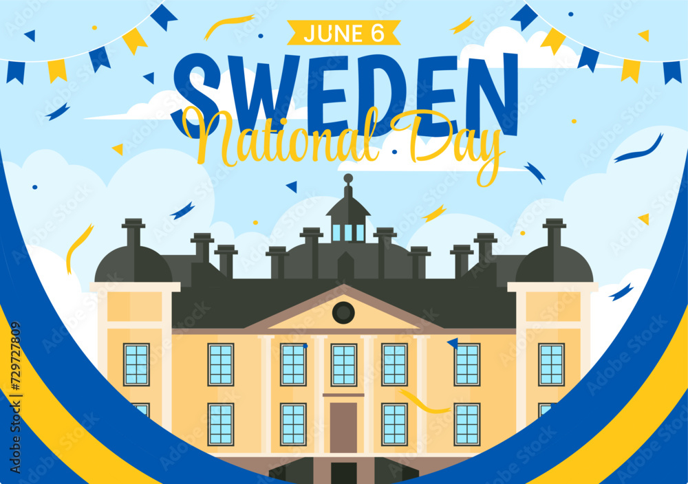 Sweden National Day Vector Illustration on 6 June Celebration with Swedish Flag and Ribbon in Holiday Celebration Flat Cartoon Background