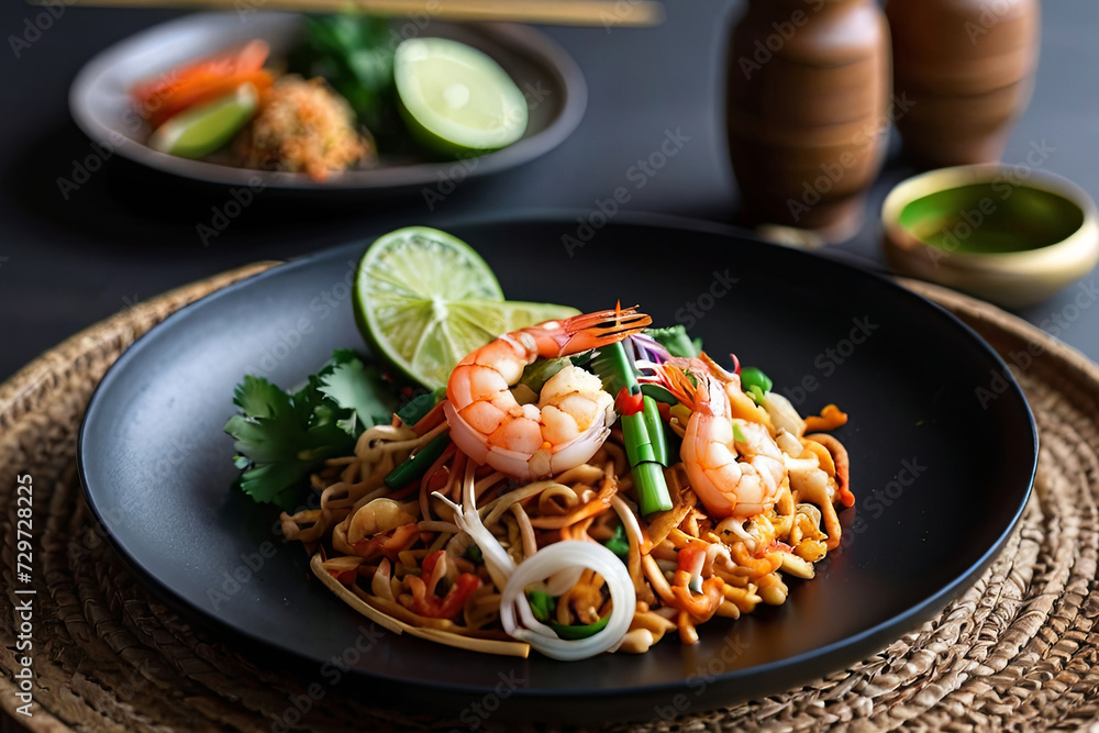 Thai culinary delight. Pad Thai with succulent shrimp, elegantly served on a black round plate. Taste the flavors of Thailand.