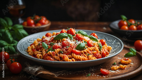 A plate of Italian Fusilli pasta adorned with vibrant cherry tomatoes, fresh basil leaves, and grated Parmesan cheese, with a swirl of rich marinara sauce drizzled over