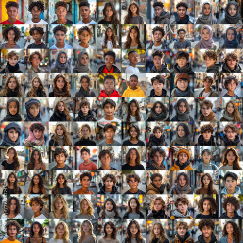 composite portrait of teenagers of different cultures headshots, including all ethnic, racial, and geographic types of children in the world outside a city street