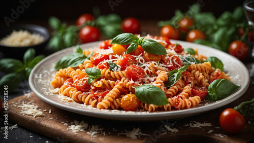 A plate of Italian Fusilli pasta adorned with vibrant cherry tomatoes, fresh basil leaves, and grated Parmesan cheese, with a swirl of rich marinara sauce drizzled over