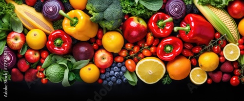 Colorful raw fruits and vegetables varied vegan food  vivid rainbow arrangement full frame background