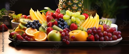 Different types of fruits in tray on the table. Variety of fresh and healthy fruits.