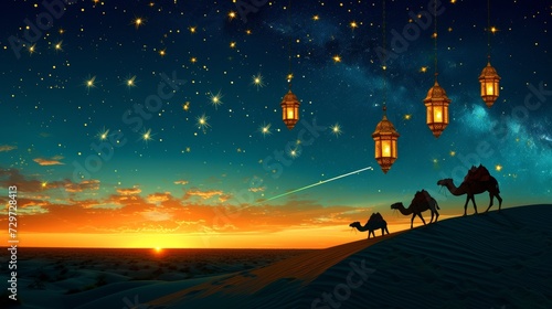 camel on desert . Hanging three lantern islamic . Cosmo night sky and comet --ar 16:9 --style raw --v 6 Job ID: dee8bd13-defa-4b16-aaa9-c2c2f66556b3 © Daunhijauxx