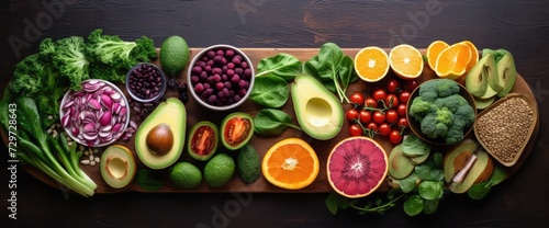 Overhead view of a large group of healthy raw food for flexitarian mediterranean diet photo