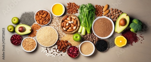 Overhead view of a large group of all sort of food for a well balanced and healthy diet of proteins, dietary fiber