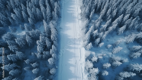 
Aerial top view of snow winter road with the pine forest for abstract background.