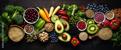 Overhead view of a large group of healthy raw food for flexitarian mediterranean diet