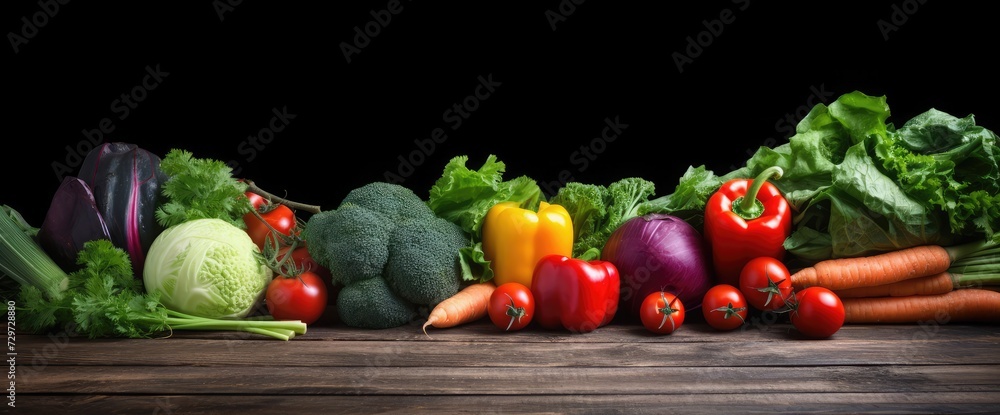 Vegan raw vegetables on green wooden table full frame background Vegan raw vegetables on green wooden table full frame background