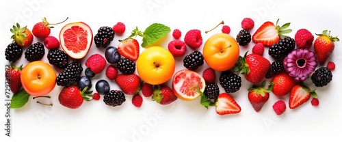 Top view of various types of tropical fruits on white background. Directly above shot of a blackberries  raspberries  strawberries  plums  peaches  apricots and apples.