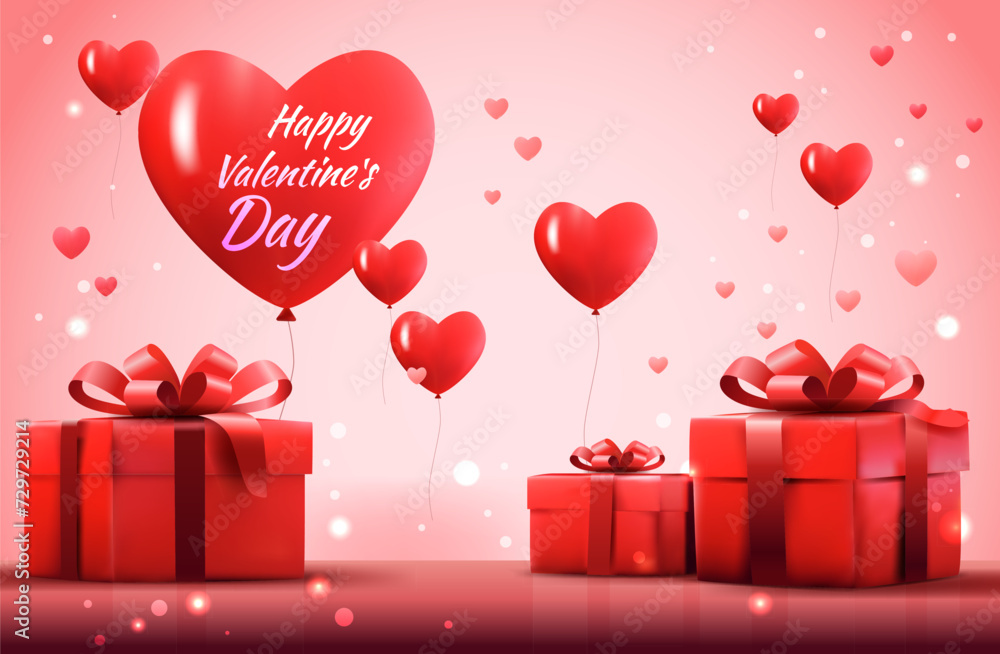 happy valentines day celebration greeting card red air balloons in heart shape with wrapped gift boxes horizontal