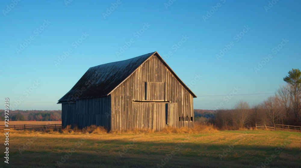 A wooden hay barn stands against a vibrant blue sky its weathered exterior glowing in the golden light. A wooden hay barn stands against a vibrant blue sky its weathered exterior glowing in the golden light.