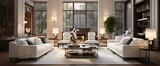 Luxurious living room with big windows, couple of sofas and armchairs