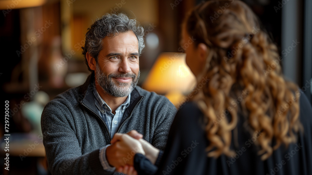 Shaking hands : Handsome middle aged man shaking hands with a financial advisor during a consultation at home. Thank you so much for your assistance. Shaking hands : Handsome middle aged man shaking hands with a financial advisor during a consultation at home. Thank you so much for your assistance.