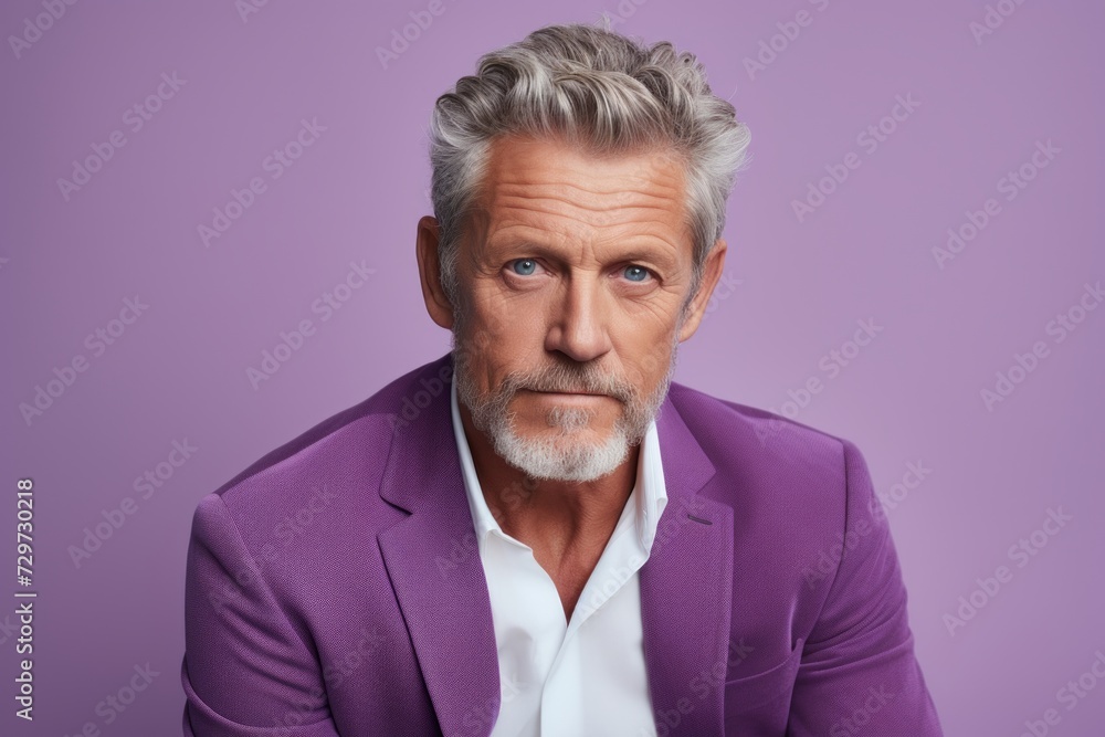 Thoughtful mature man with grey hair and beard looking at camera while standing against purple background