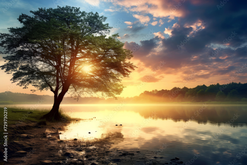 scenic mood of forests, rivers, calm mood and solitude. In the distance a breathtaking landscape at sunrise and sunset. Generative AI scenic mood of forests, rivers, calm mood and solitude. In the distance a breathtaking landscape at sunrise and sunset. Generative AI