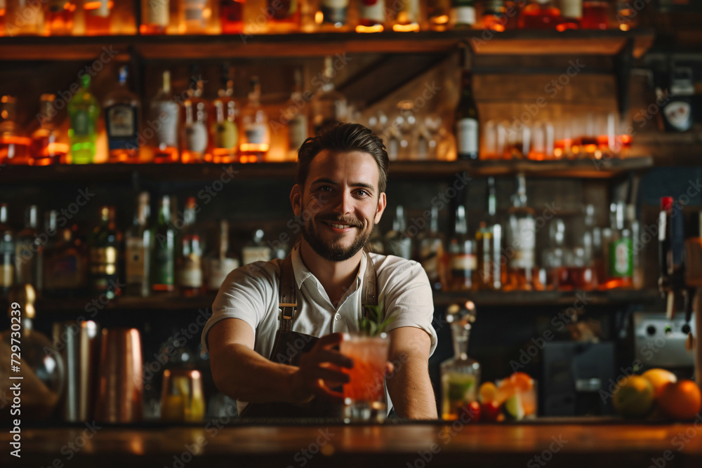 A bartender offering a cocktail to his customers
