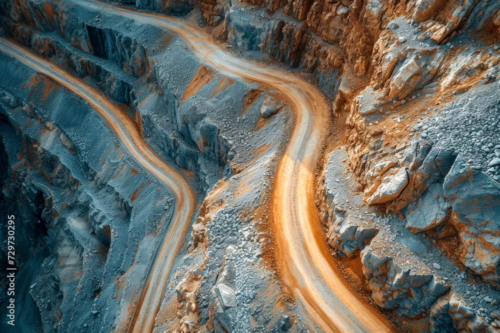 winding dirt road through Rock stockpiled . road in mining. Generative AI - obrazy, fototapety, plakaty 