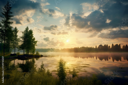 scenic mood of forests  rivers  calm mood and solitude. In the distance a breathtaking landscape at sunrise and sunset. Generative AI