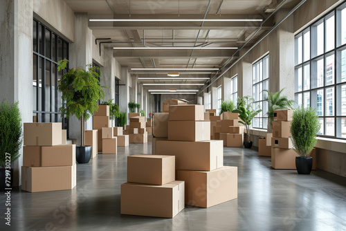 New Office with Cardboard Boxes, Packed Belongings, Moving and Storage Solutions.AI generative