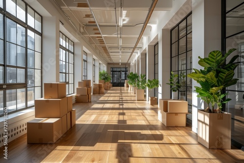 New Office with Cardboard Boxes  Packed Belongings  Moving and Storage Solutions.AI generative