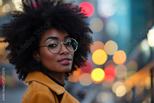 A glamorous afro woman walking through the city at sunset, colored lights and beauty.